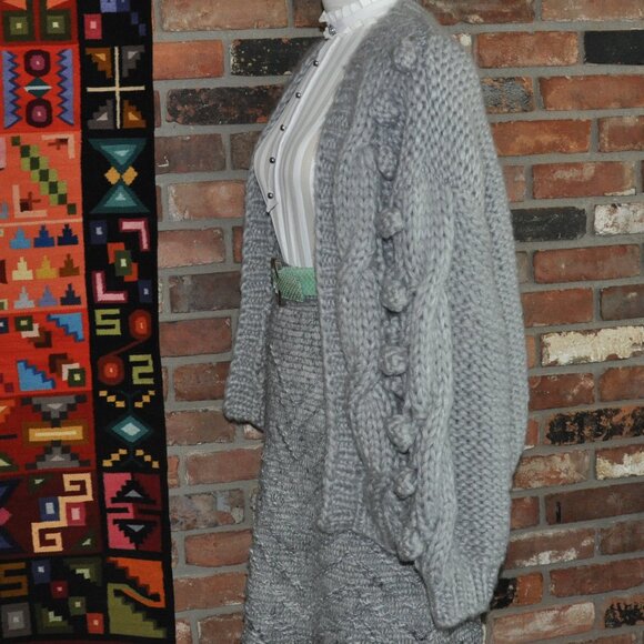 Goodnight Macaroon Grey Open Sweater Pom Pom Chunky Knit Cardigan Wool Blend OS - Picture 4 of 5